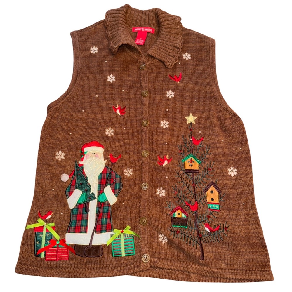 Vintage Merry & Bright Christmas Sweater Vest Small Embroidered Santa Cardinals